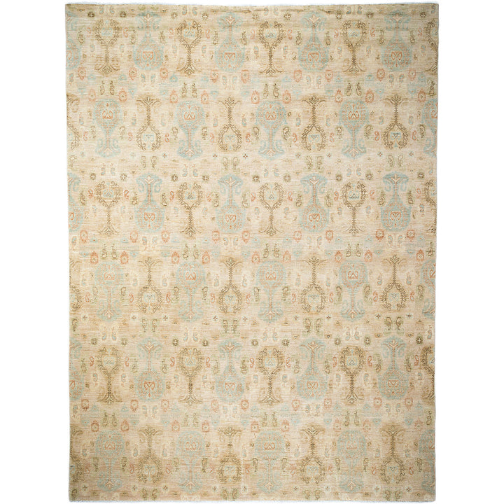 Vintage rectangular rug with ornate design in muted beige and cream.