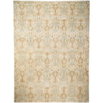 Vintage rectangular rug with ornate design in muted beige and cream.