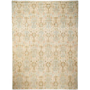 Vintage rectangular rug with ornate design in muted beige and cream.