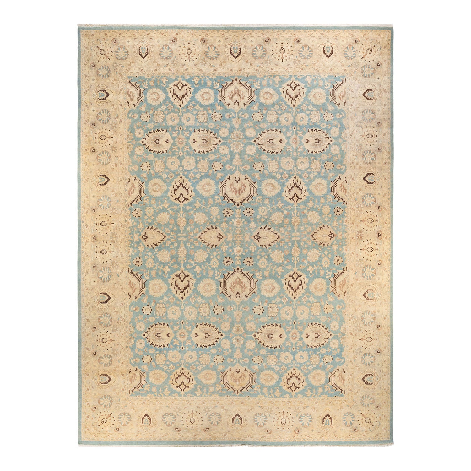 Intricate rectangular rug with symmetrical geometric and floral motifs.