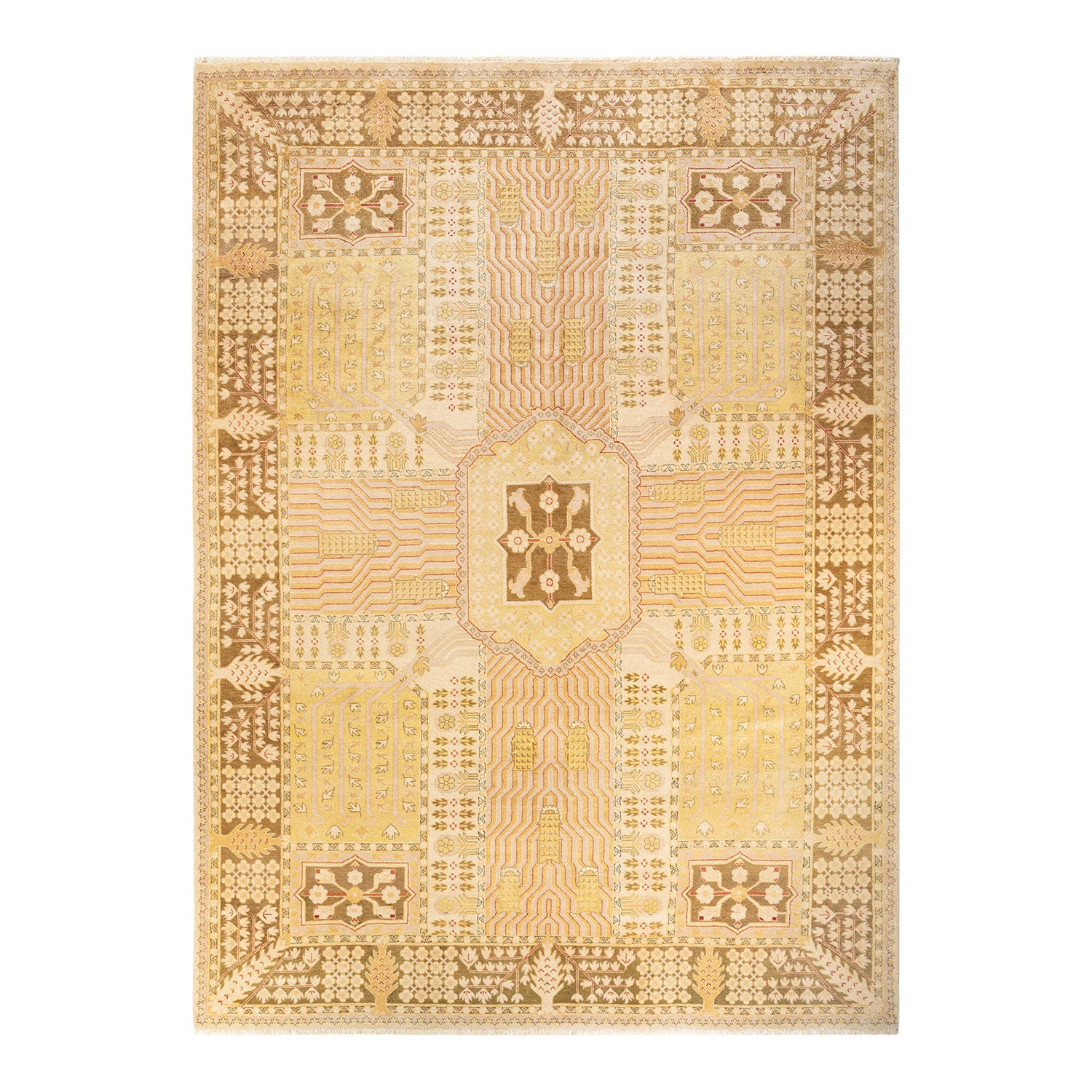 Intricately patterned area rug in subdued palette with geometric motifs.