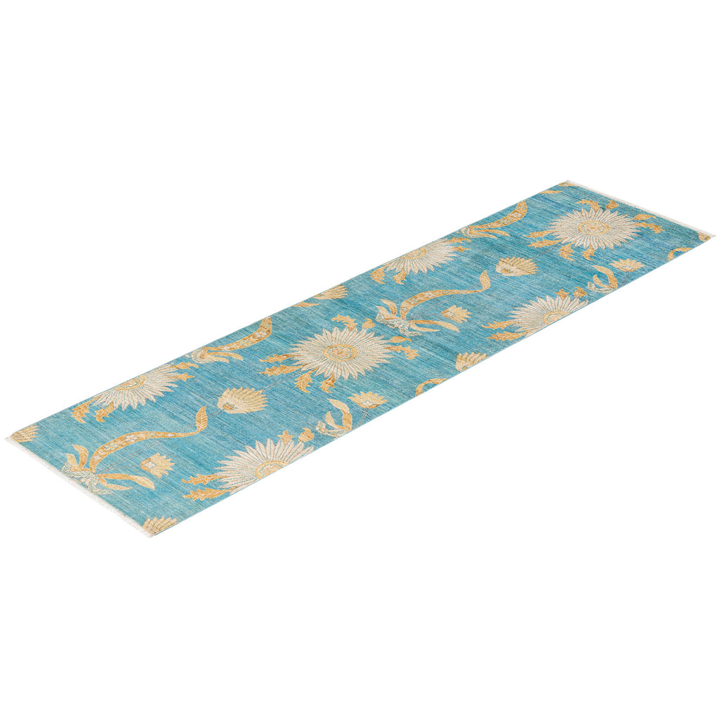 Long turquoise carpet runner with traditional floral pattern and vintage appeal.