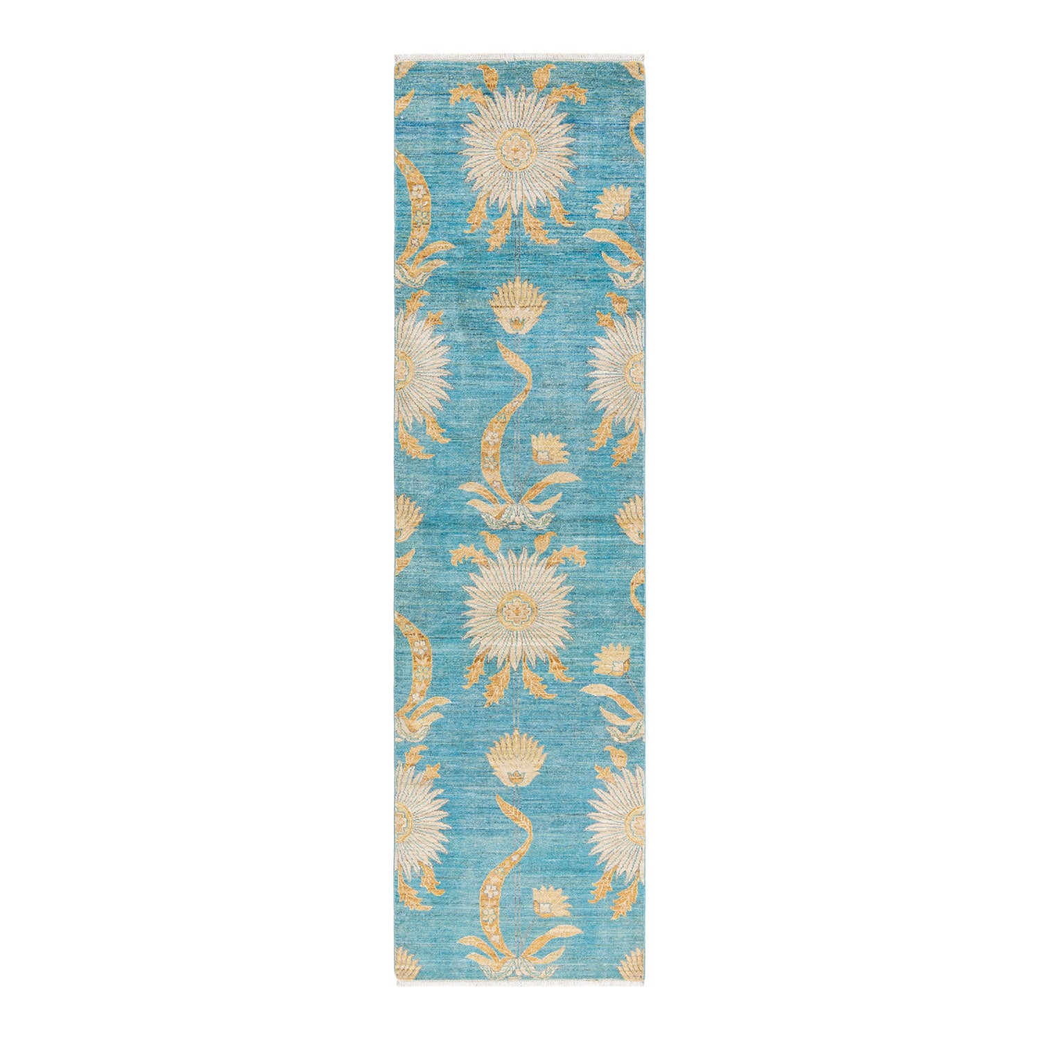 Long, narrow rug with light blue background and ornate pattern.