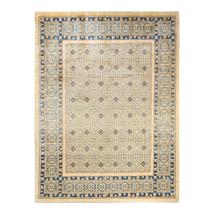 Symmetrical rectangular area rug with intricate floral and geometric patterns.