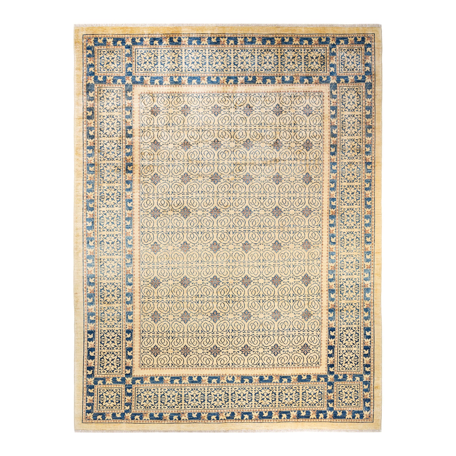 Symmetrical rectangular area rug with intricate floral and geometric patterns.