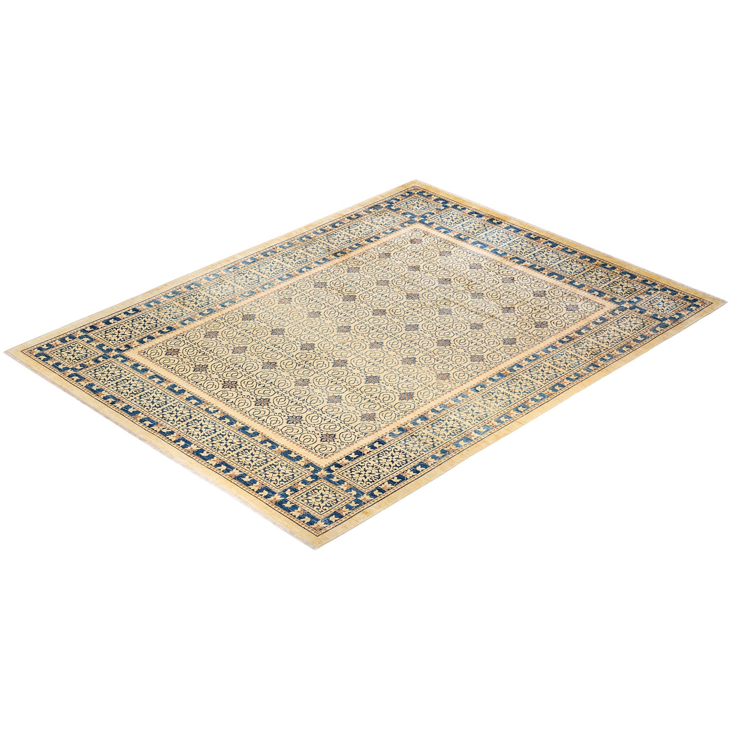 Ornate area rug with intricate design in beige, blue, and cream.