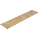 Elegant long carpet with intricate blue and gold motifs.