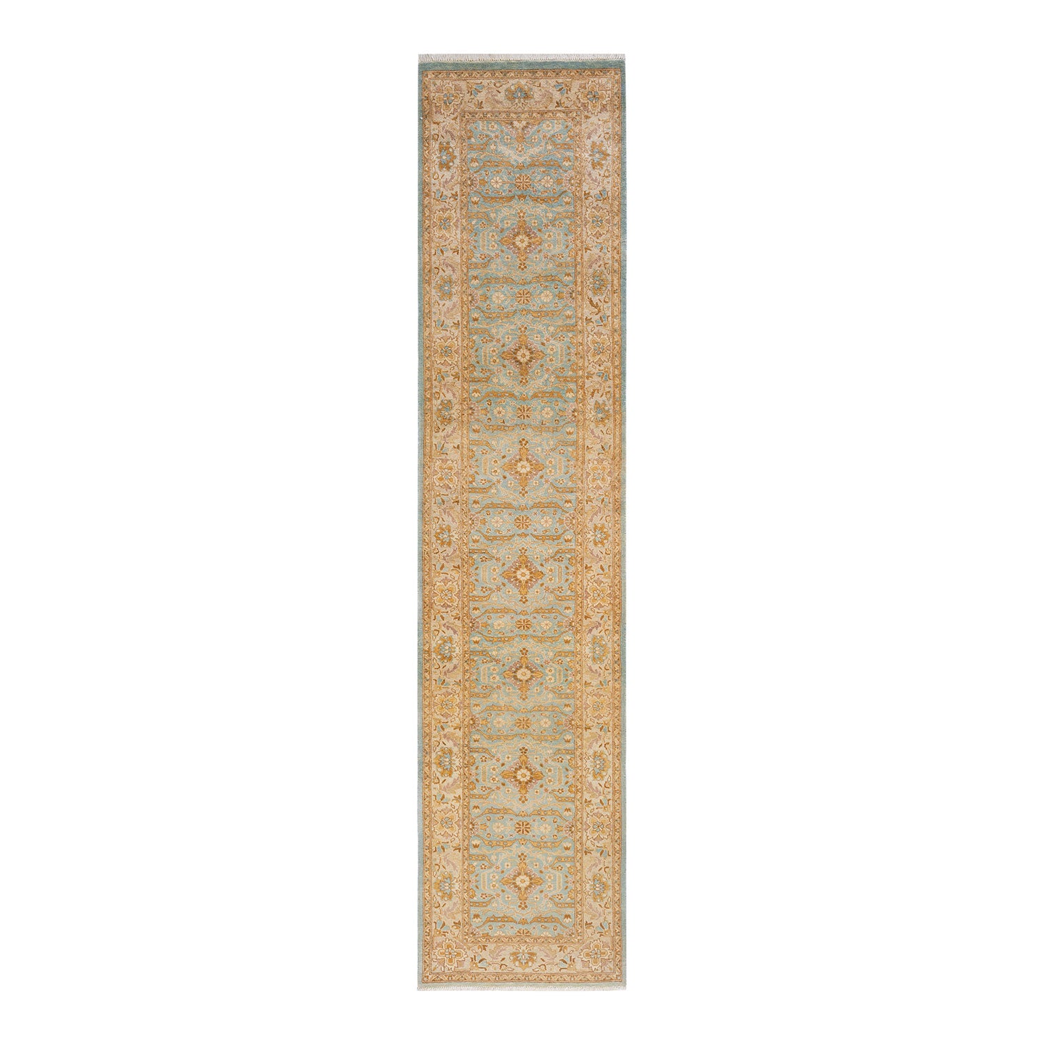 Runner rug with ornate design and geometric shapes in blue.