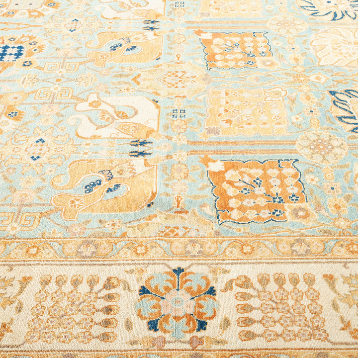 Intricate Oriental-inspired rug with warm hues and luxurious design.