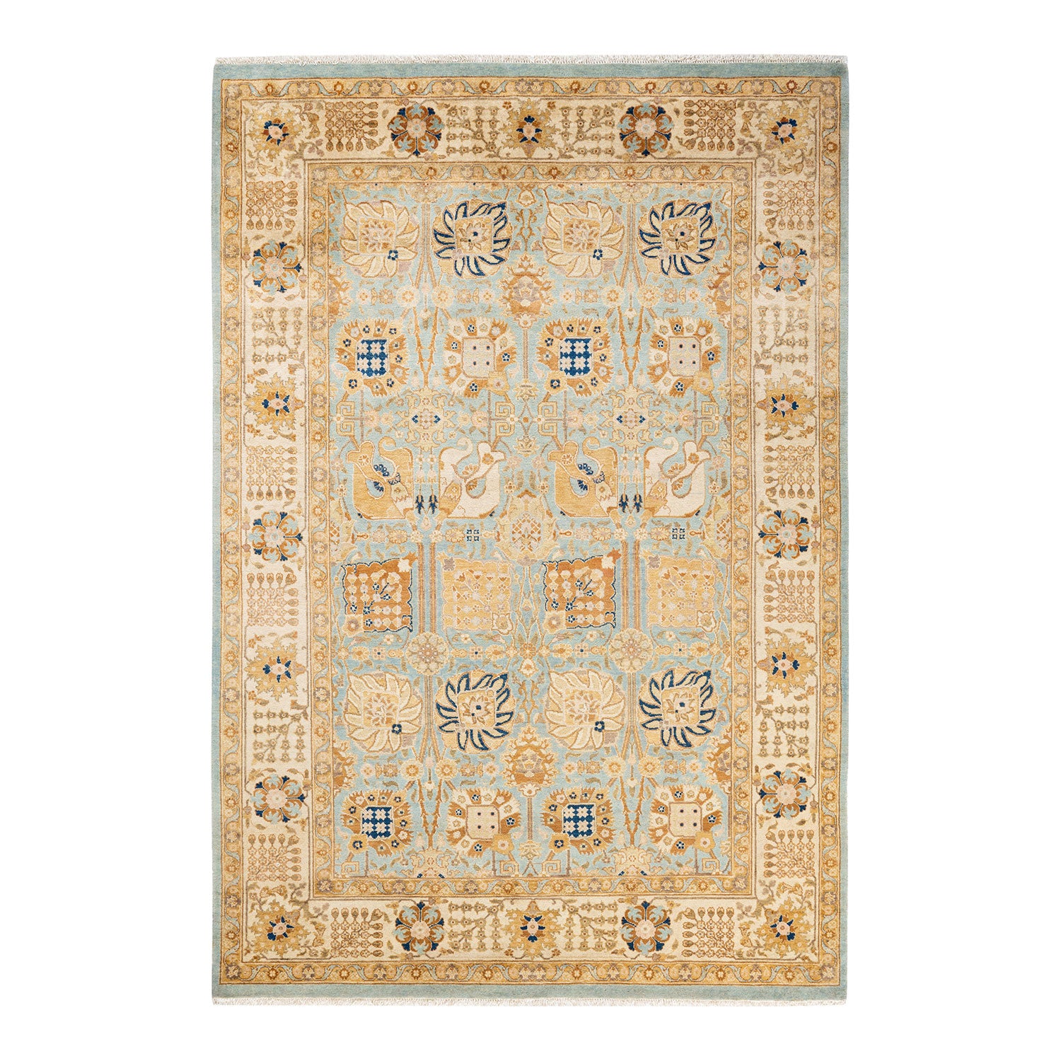 Exquisite rectangular rug with intricate floral and geometric motifs