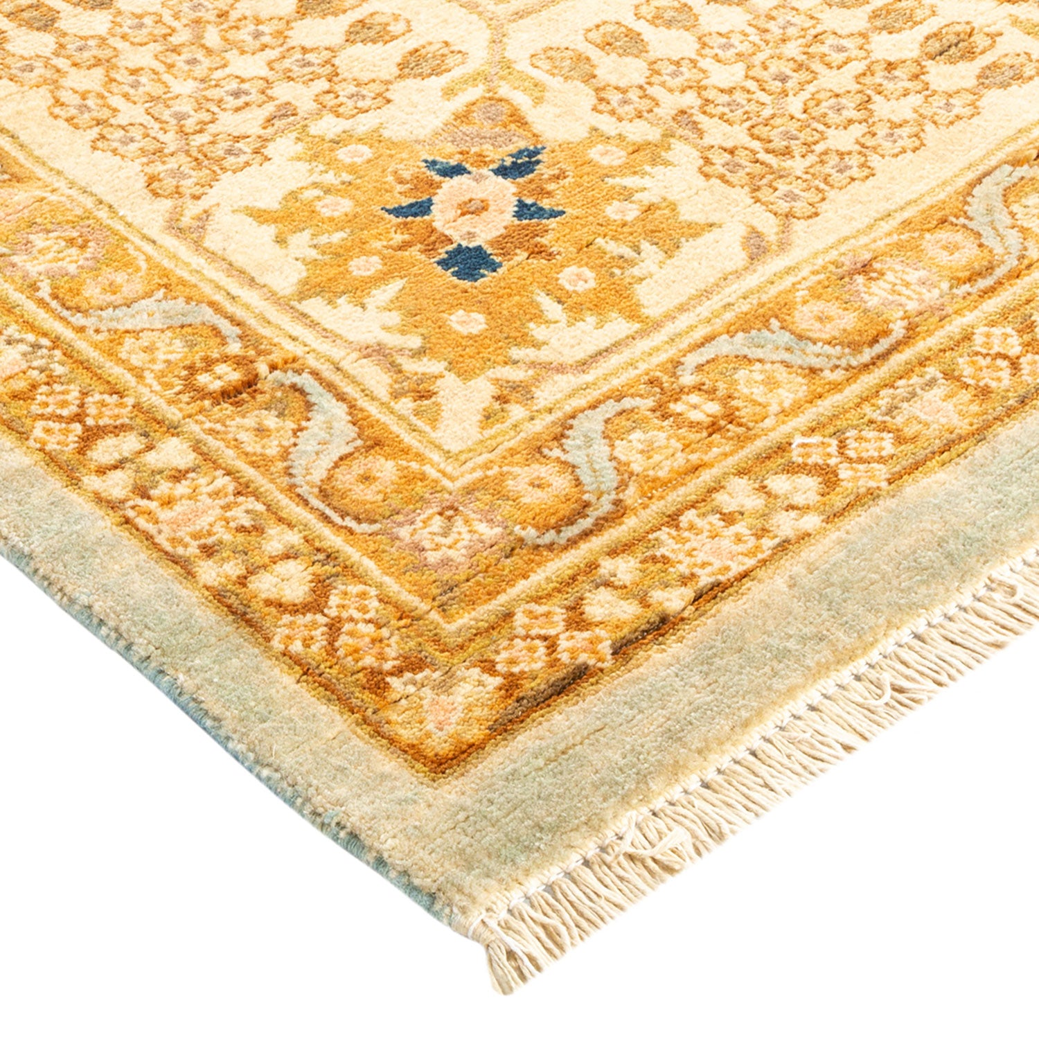 An intricately designed, warm-toned area rug with elegant scrollwork.