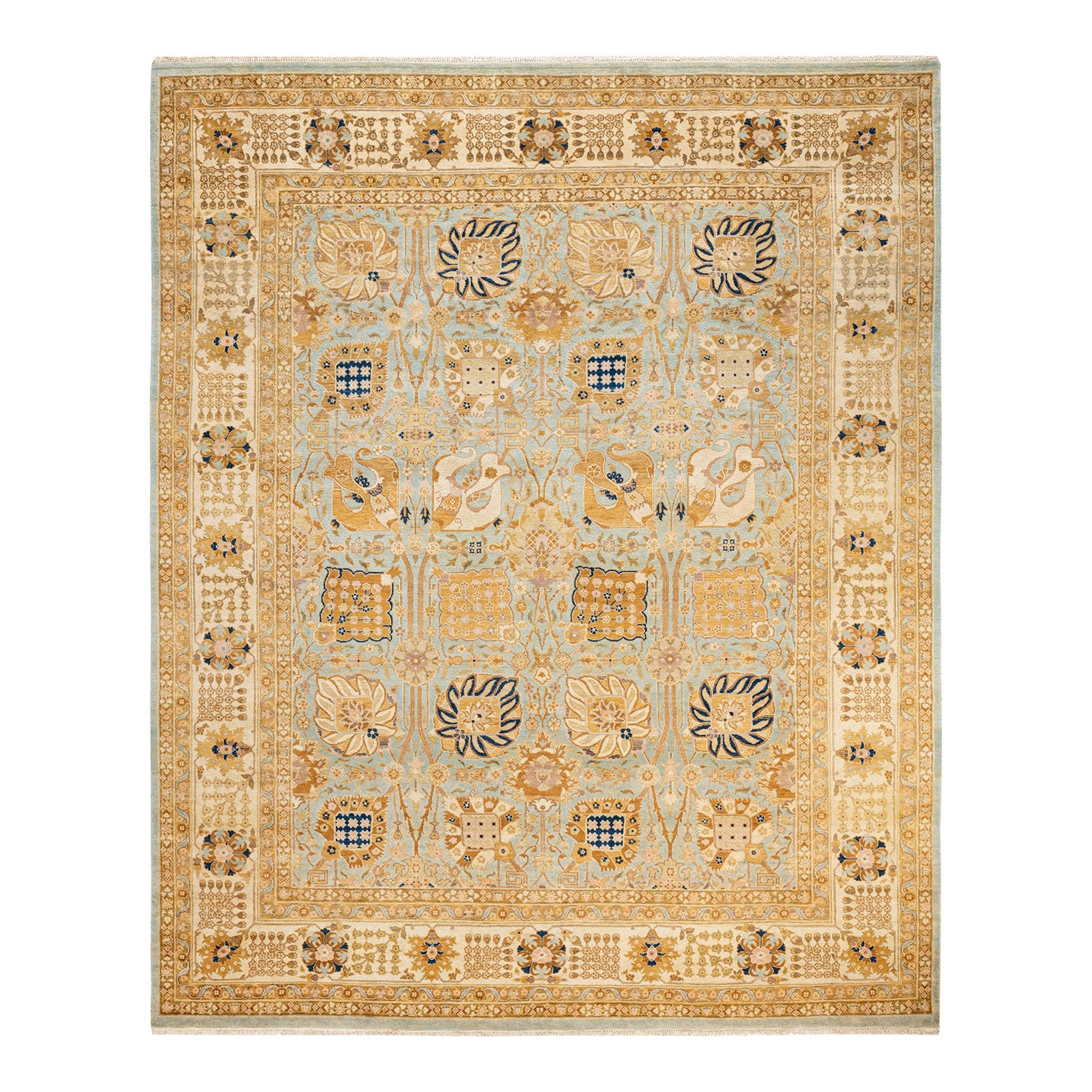 Ornate rectangular area rug with intricate symmetrical design in blue.