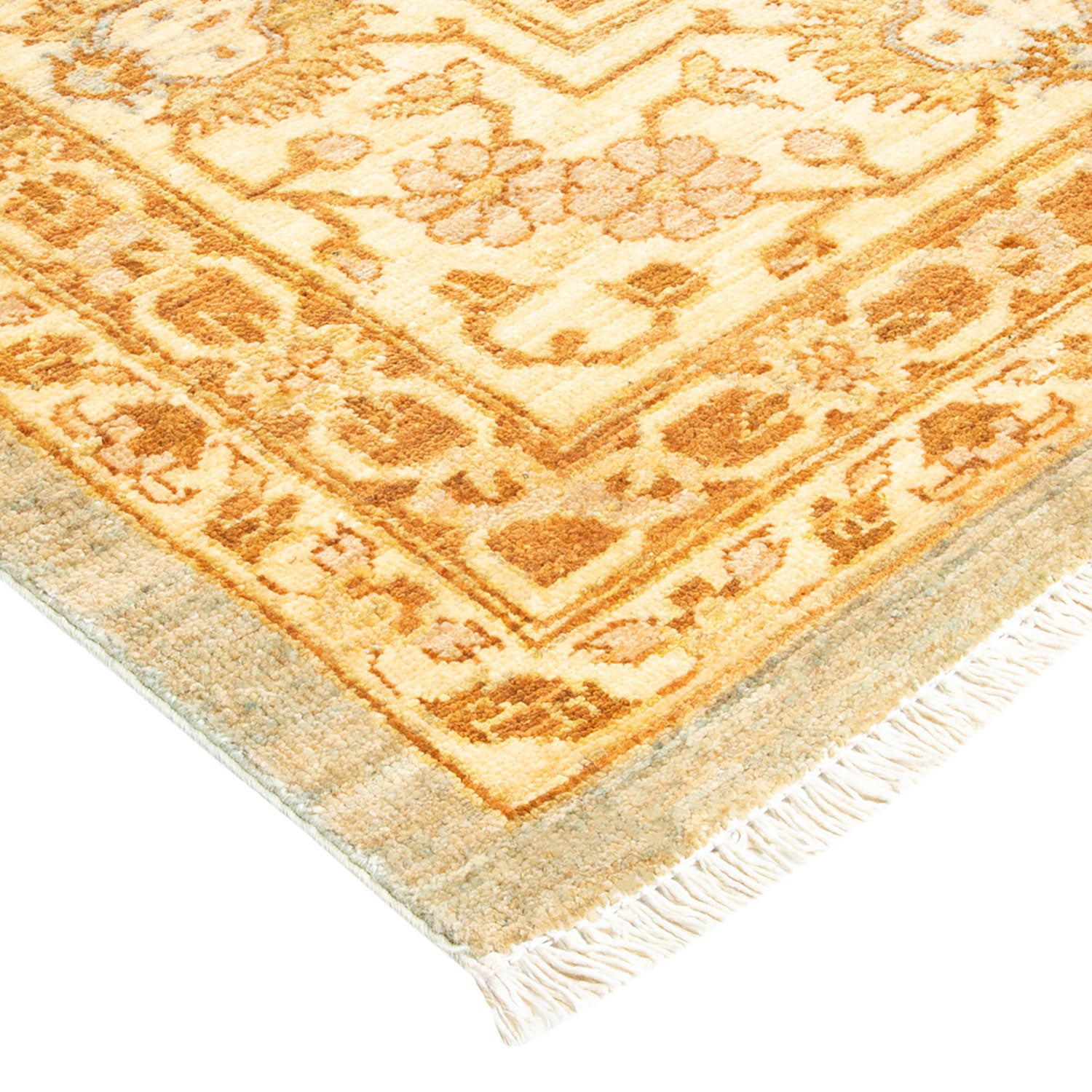 Decorative rug with intricate geometric and floral patterns in beige.