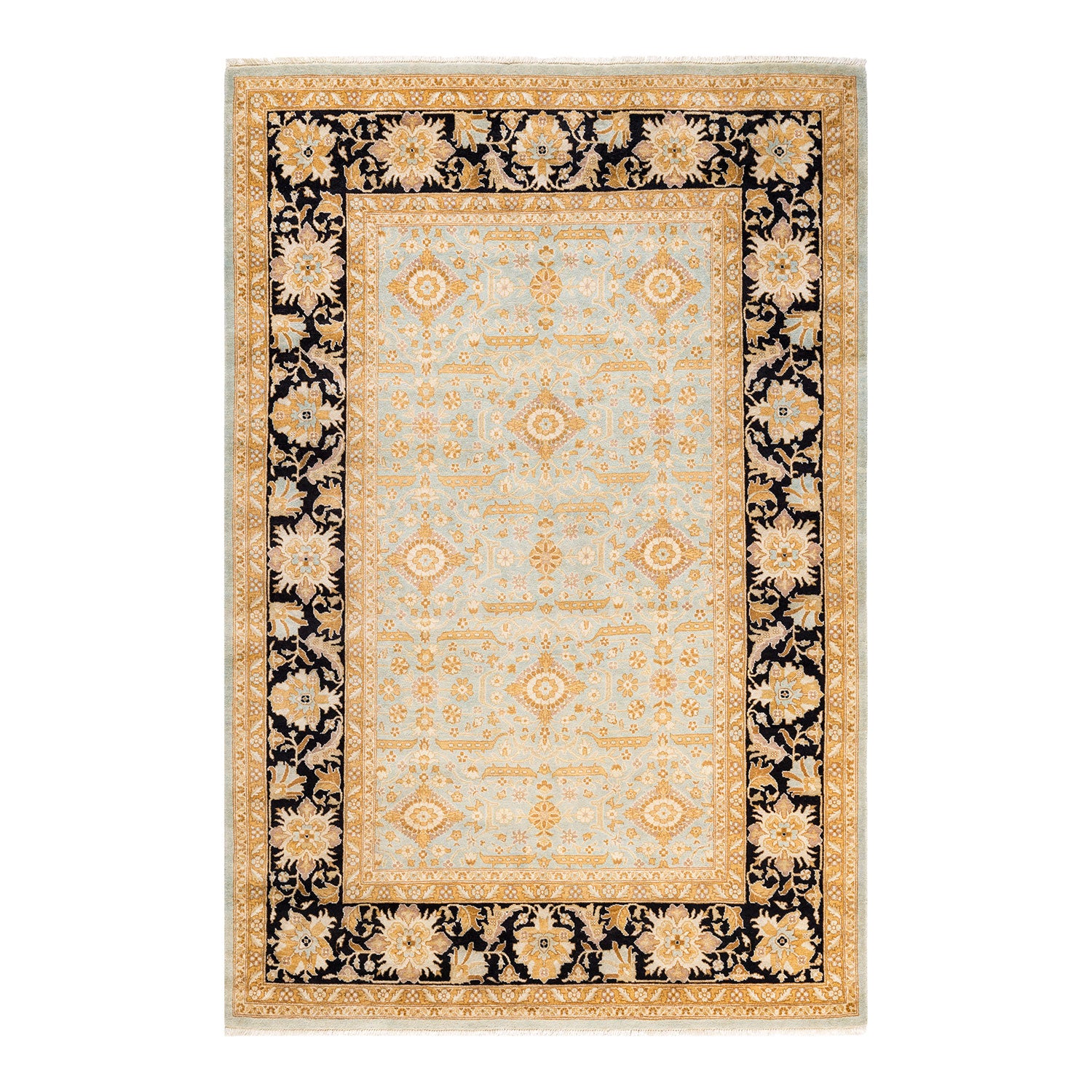 Exquisite ornate rug with intricate patterns, combining elegance and craftsmanship.