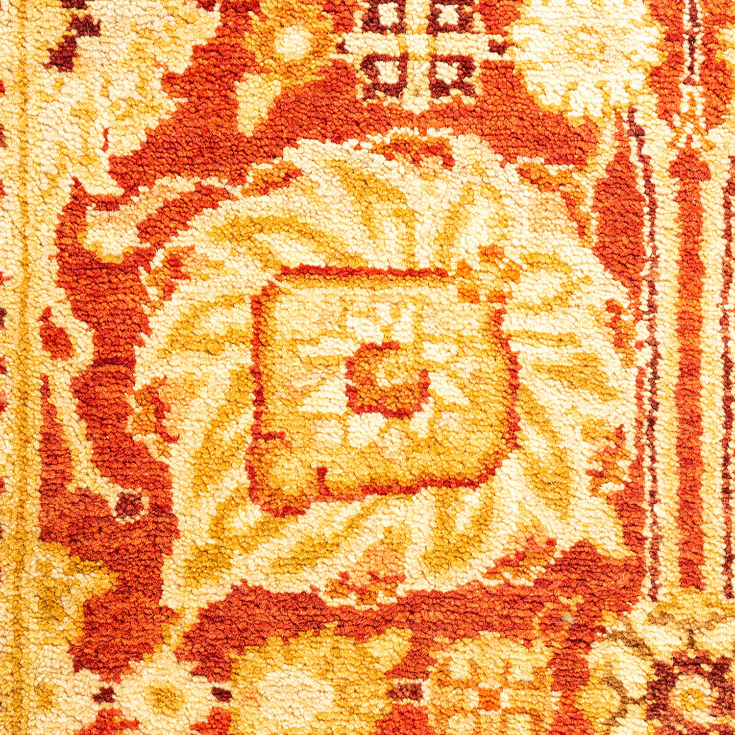 Intricate geometric and floral pattern on a plush orange carpet.