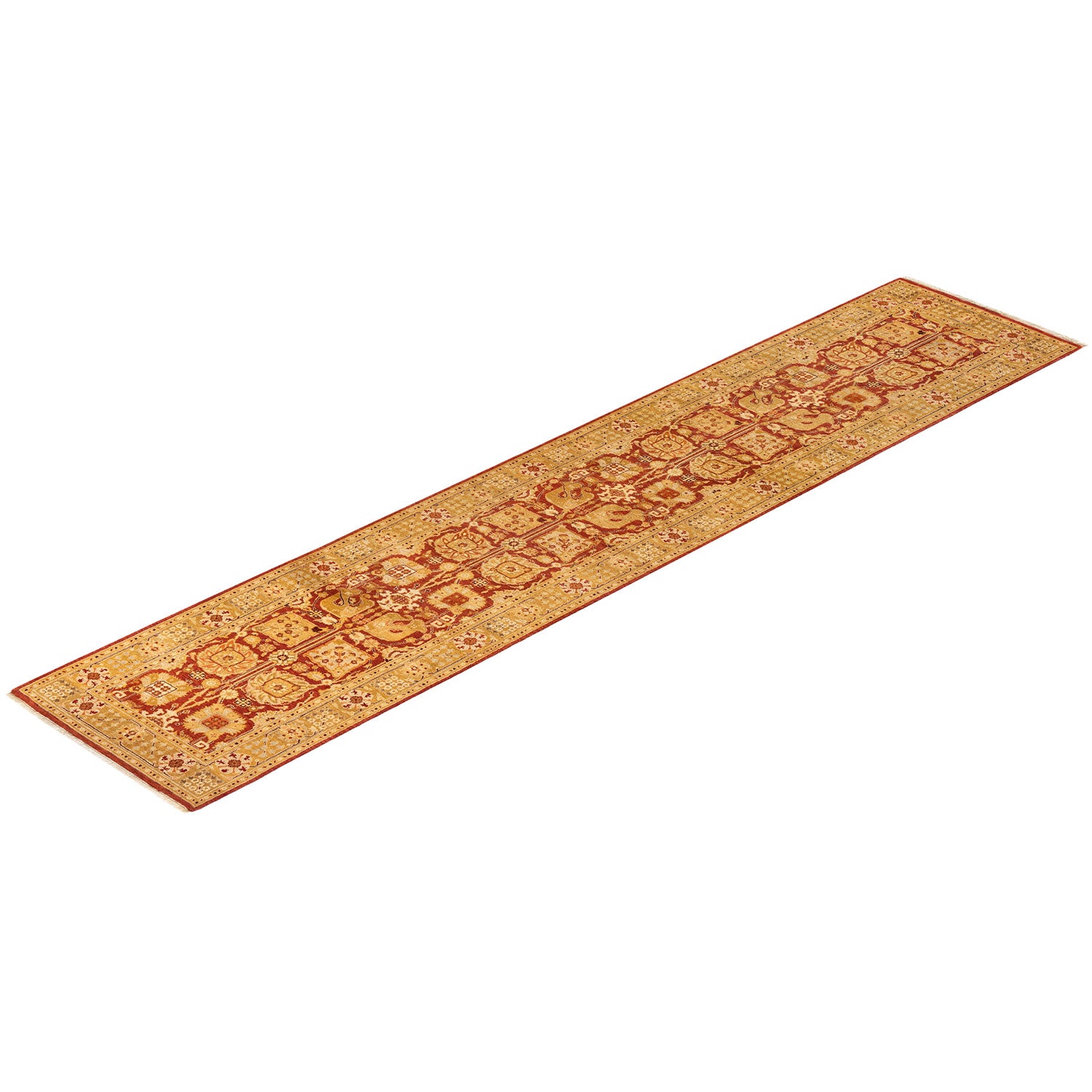 Highly decorative, traditional carpet with repeating medallion motifs in warm colors.