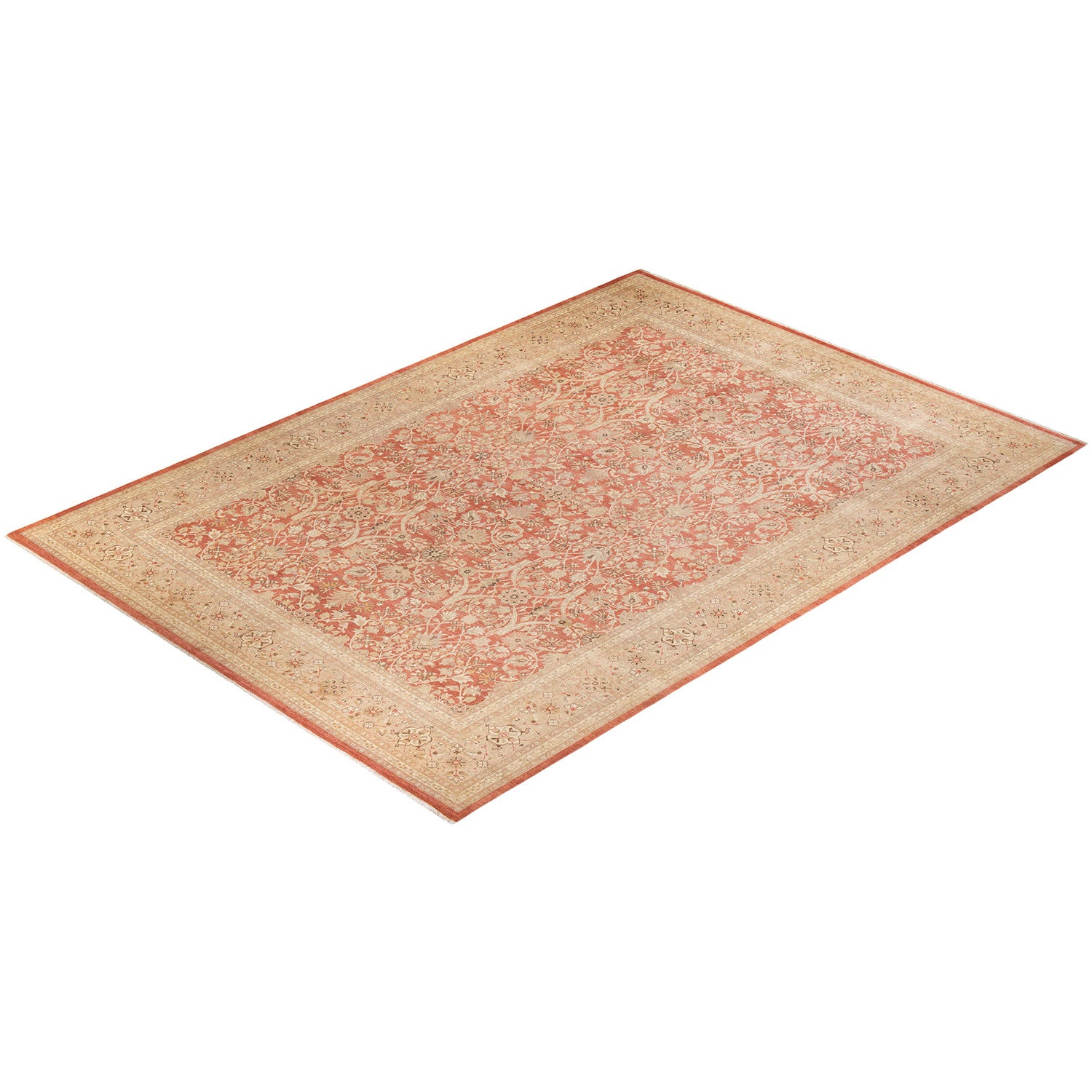 Rectangular carpet with intricate floral motifs in beige and terracotta hues.