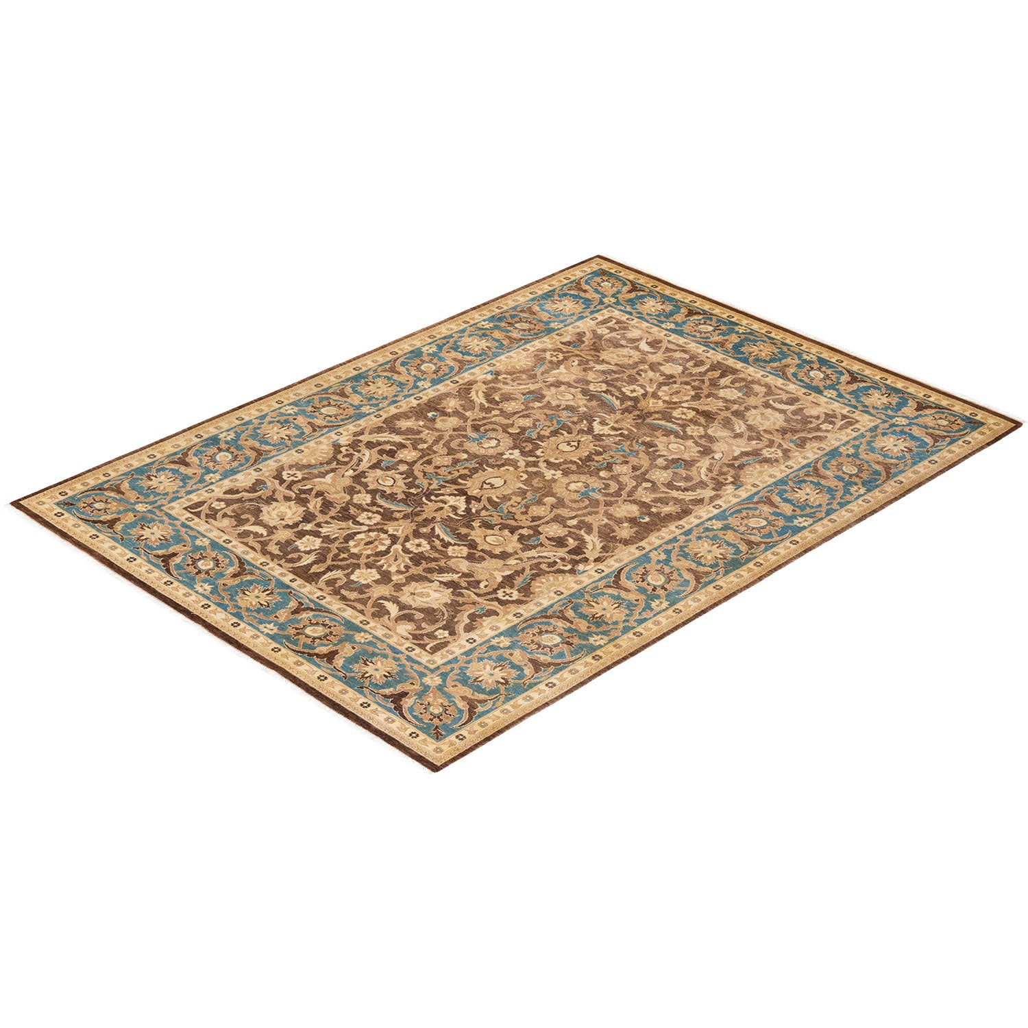 Intricate rectangular area rug with Persian-inspired design in earth tones.