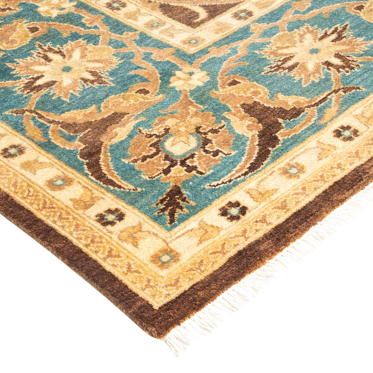 Ornate hand-woven rug with aqua central field and intricate patterns