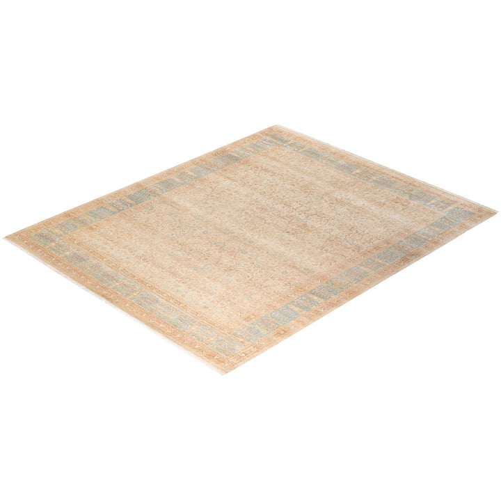 Vintage distressed rectangular area rug with a floral patterned border.