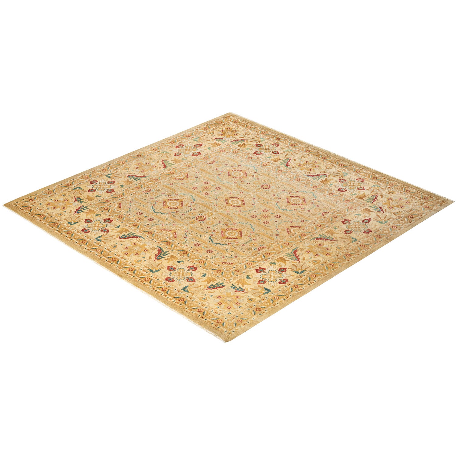 Exquisite hand-woven rug showcases intricate designs and vibrant colors.