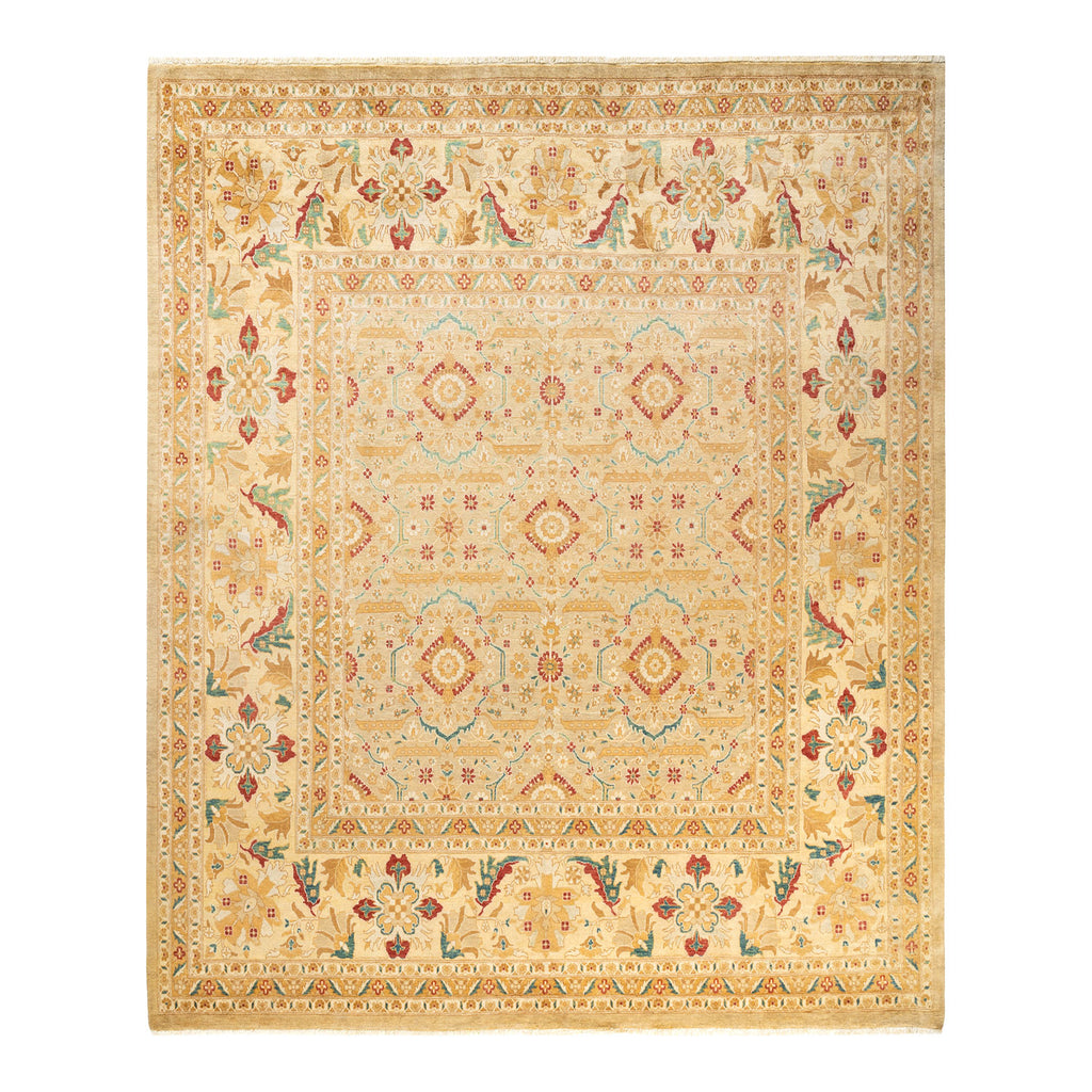 An intricate, hand-woven rectangular rug with vibrant geometric patterns