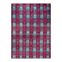 Intricate, symmetrical red textile with classical motifs on blue background.