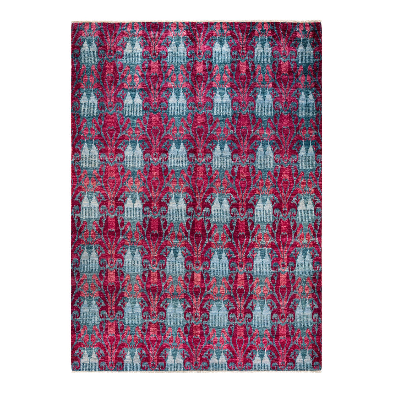 Intricate, symmetrical red textile with classical motifs on blue background.