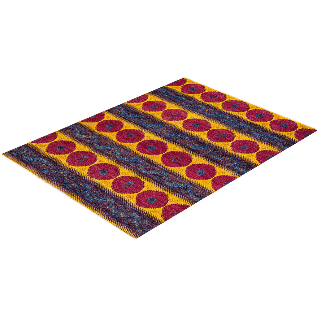 Vibrant rectangular area rug with unique multicolored floral motifs.