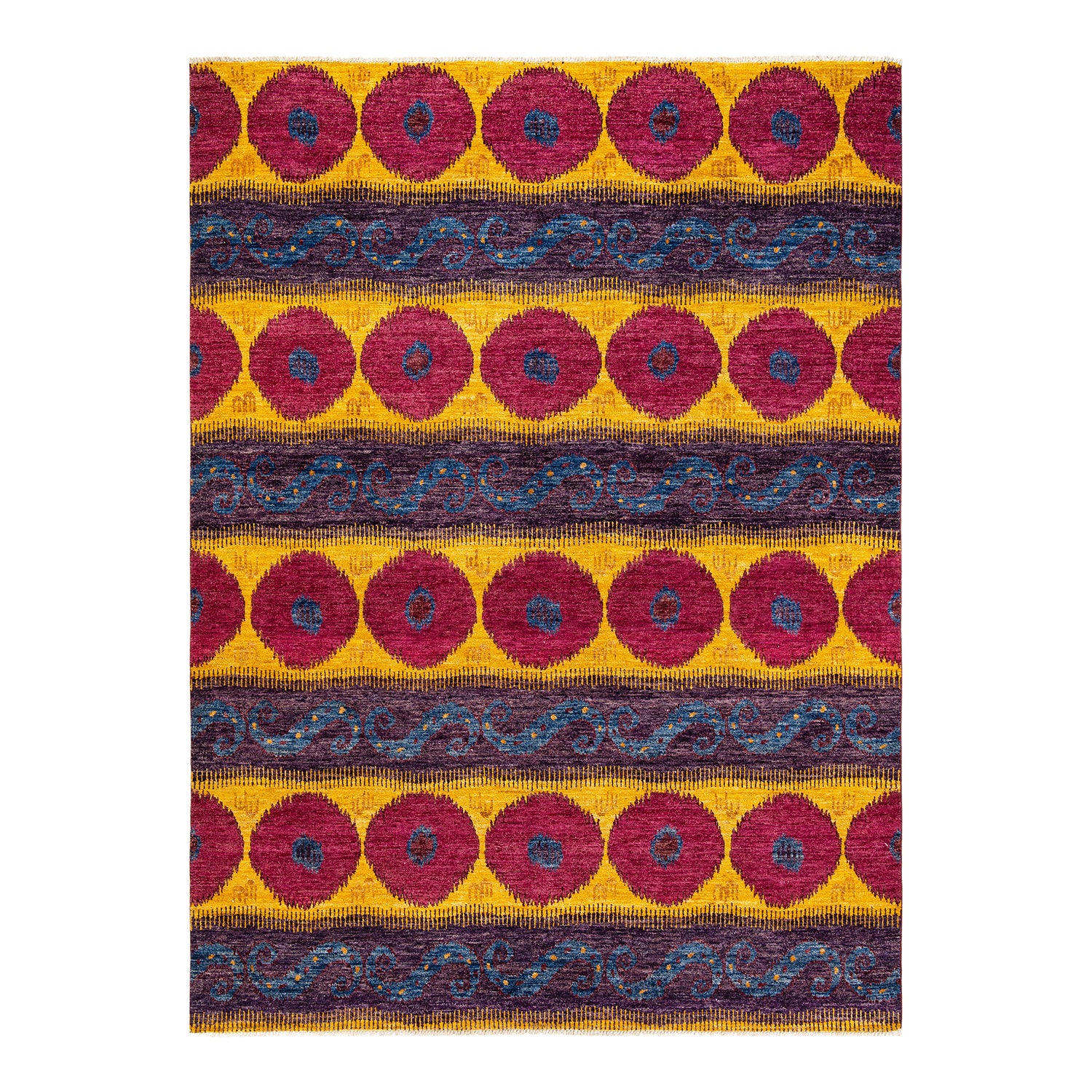 Vibrant, intricate textile with alternating stripes and ornate patterns.