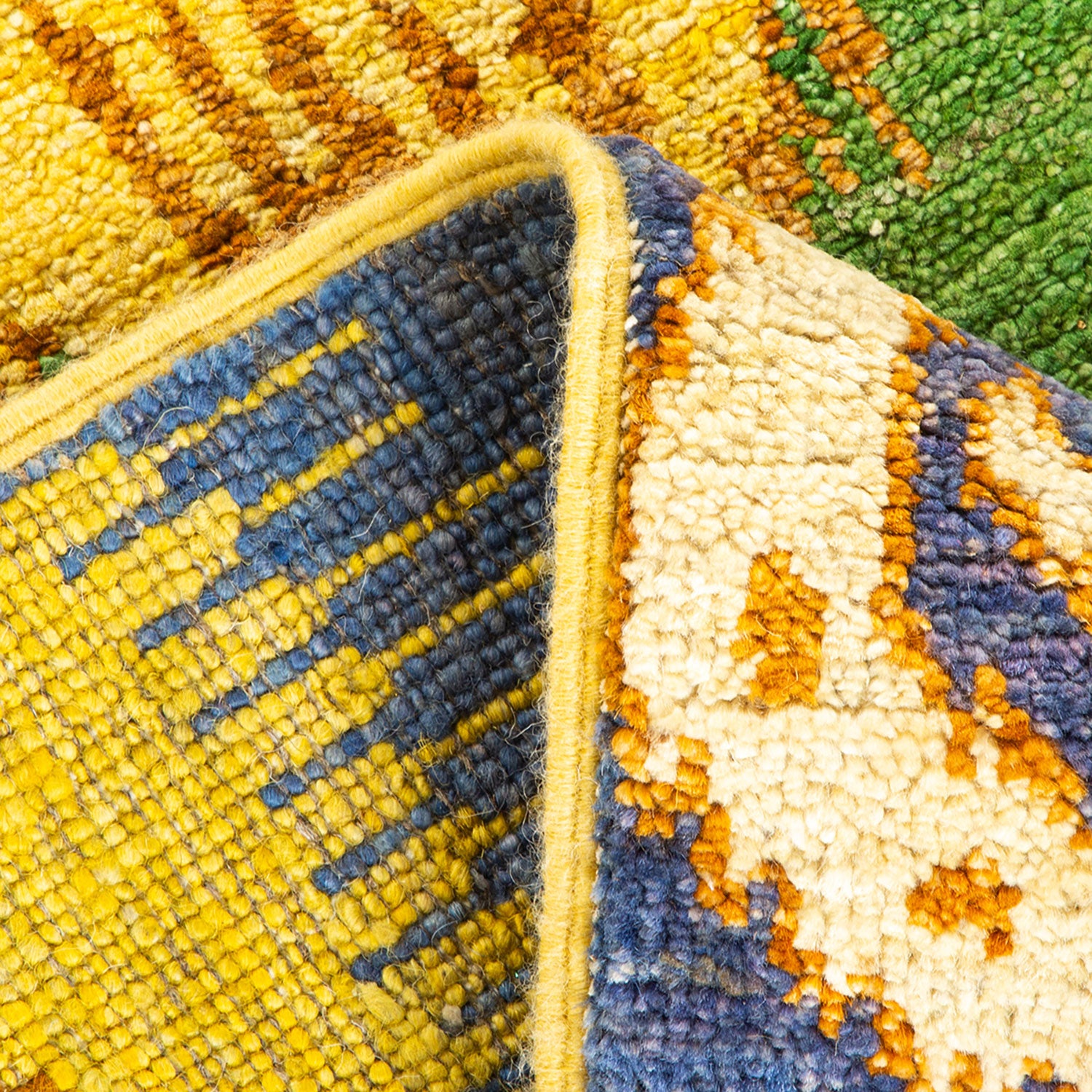 Close-up of a vibrant, intricately woven textile with vivid colors.