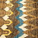 Abstract patterned carpet with jagged lines and organic forms in brown, blue, white, and yellow.