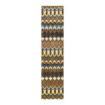 Symmetrical tribal runner with stylized leaf pattern in earth tones.