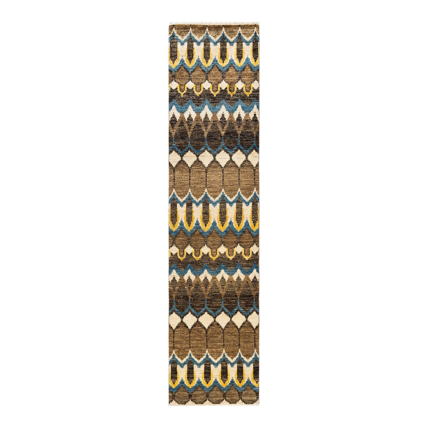 Symmetrical tribal runner with stylized leaf pattern in earth tones.