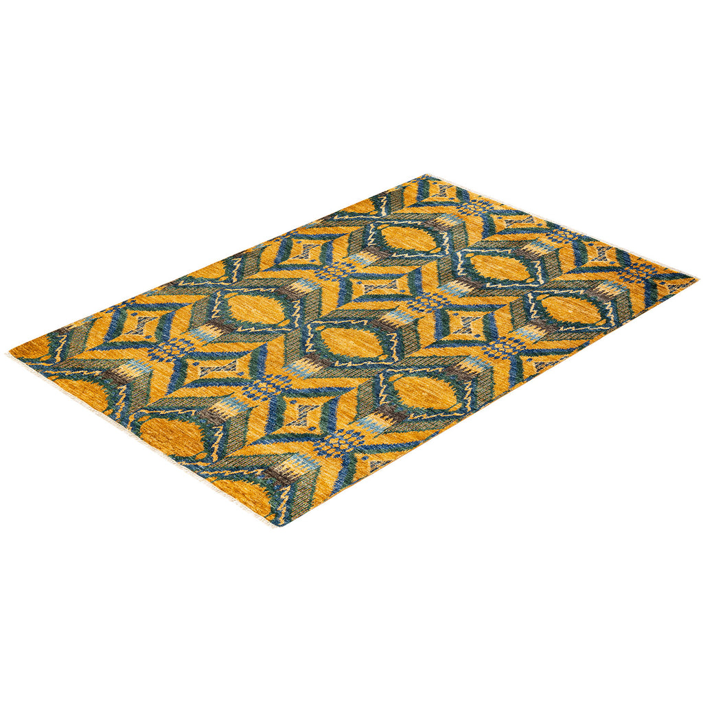 Rectangular rug with geometric pattern in vibrant colors and angles.
