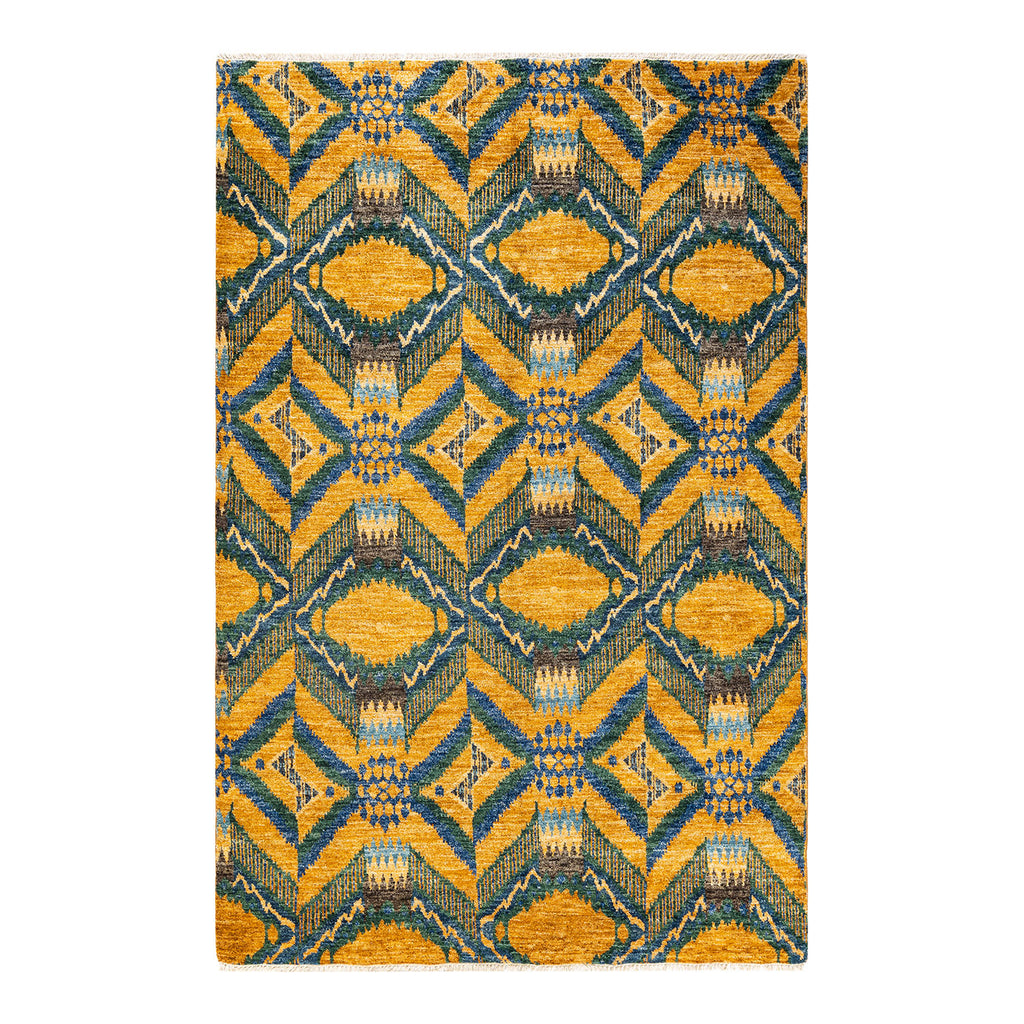 Vibrant tribal-inspired rug with symmetrical geometric pattern in yellow and blue.