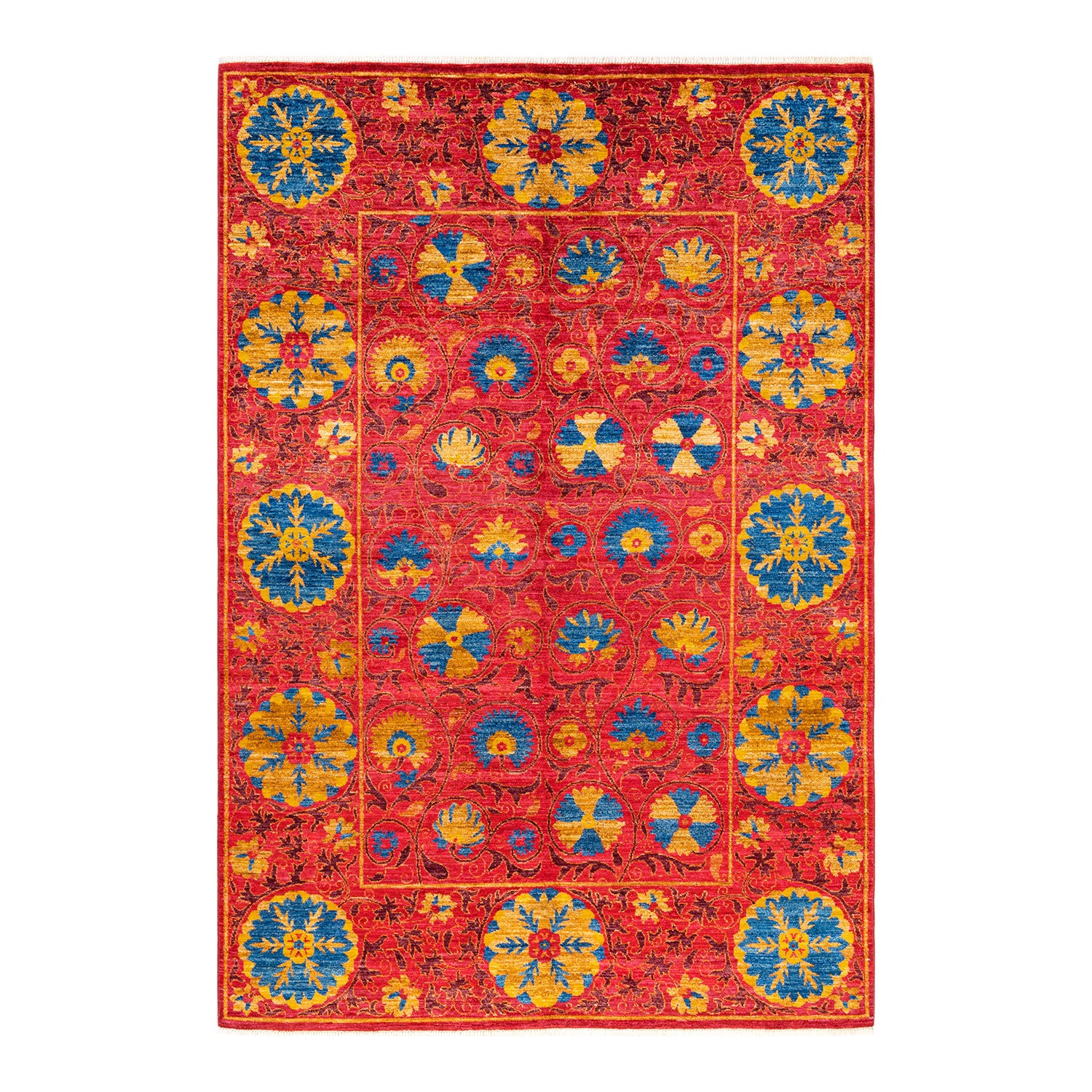 Suzani, One-of-a-Kind Hand-Knotted Area Rug  - Red , 6' 1" x 9' 0" Default Title