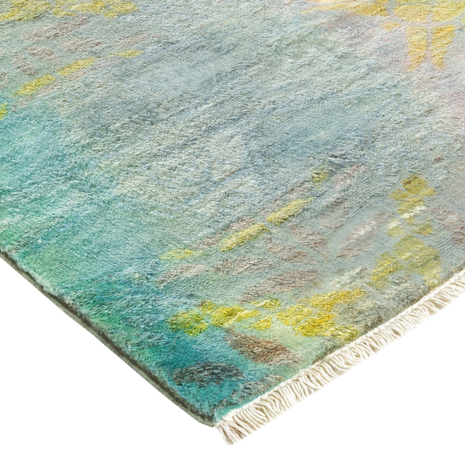 Vibrant, abstract rug with plush texture and colorful watercolor-like pattern.