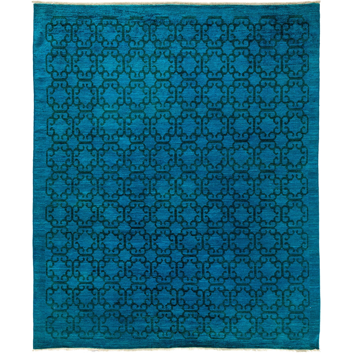 Vibrant blue rectangular textile with interlocking lattice pattern design.