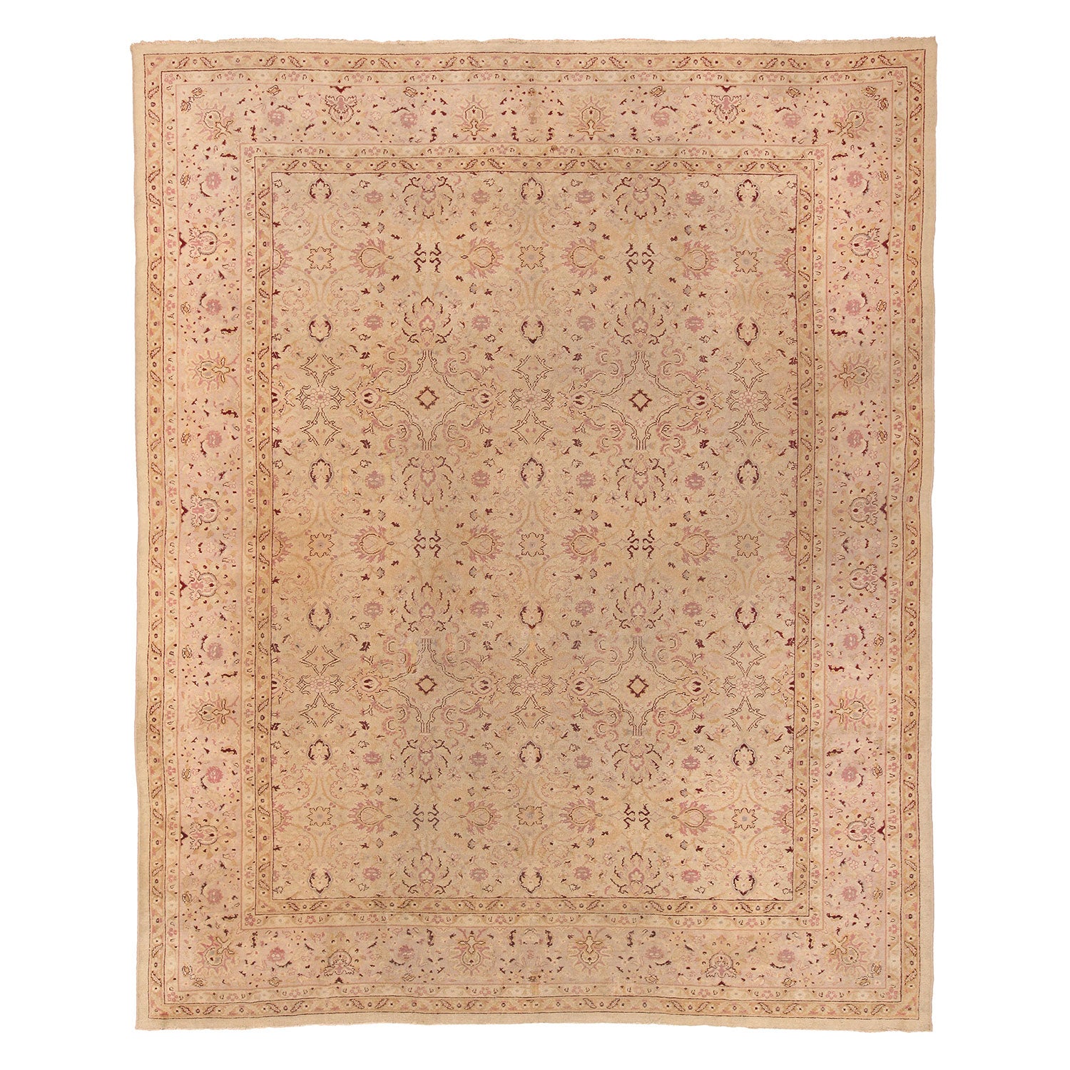 Ornate, handwoven carpet showcases intricate floral and geometric designs.