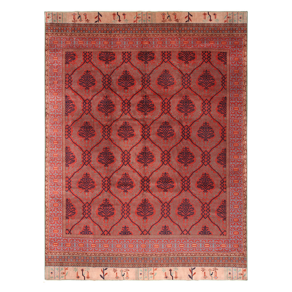 Traditional red rug with intricate floral and geometric design motifs.