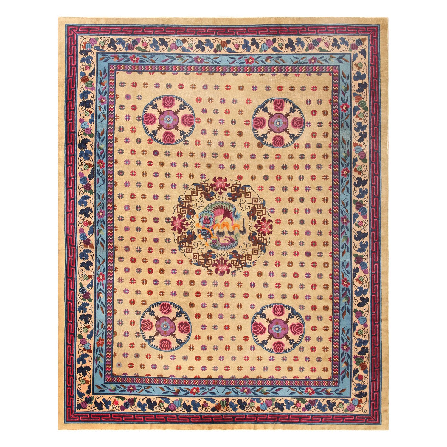 Intricate rug with complex design, multiple borders, and central medallion.
