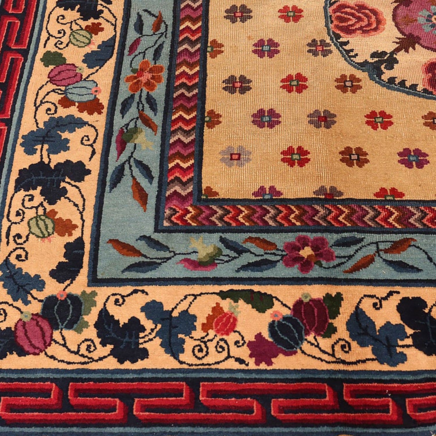 Intricately designed wool rug featuring vibrant colors and traditional craftsmanship.