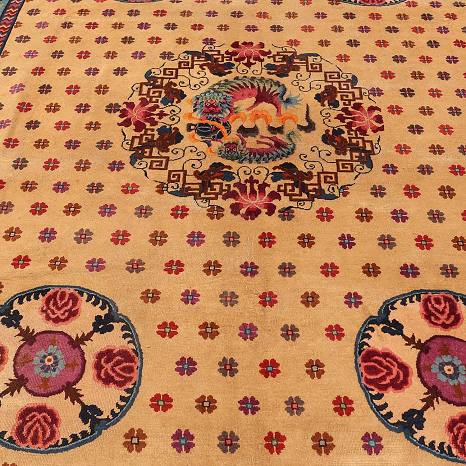 Exquisite traditional carpet showcases vibrant dragon medallion surrounded by intricate motifs.