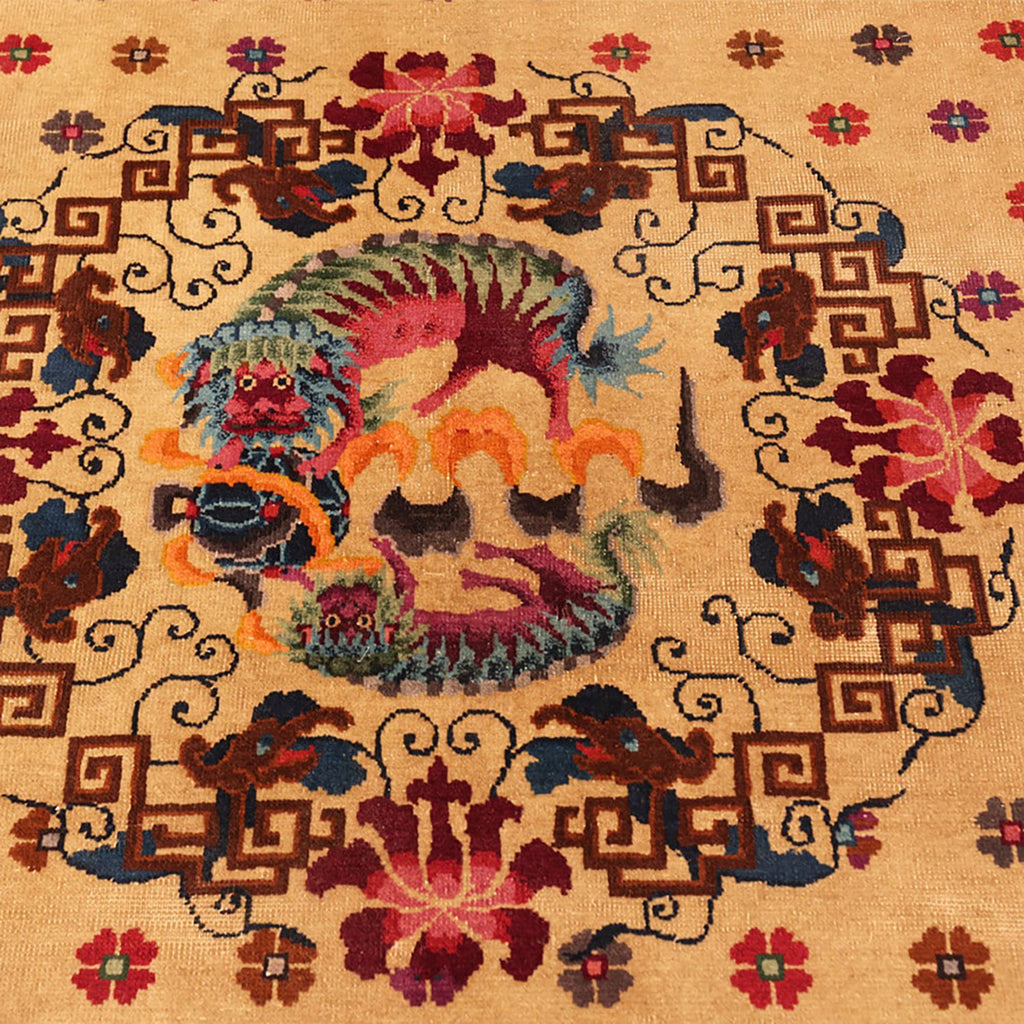Intricate, culturally significant rug with fiery central motif and mythical creatures.