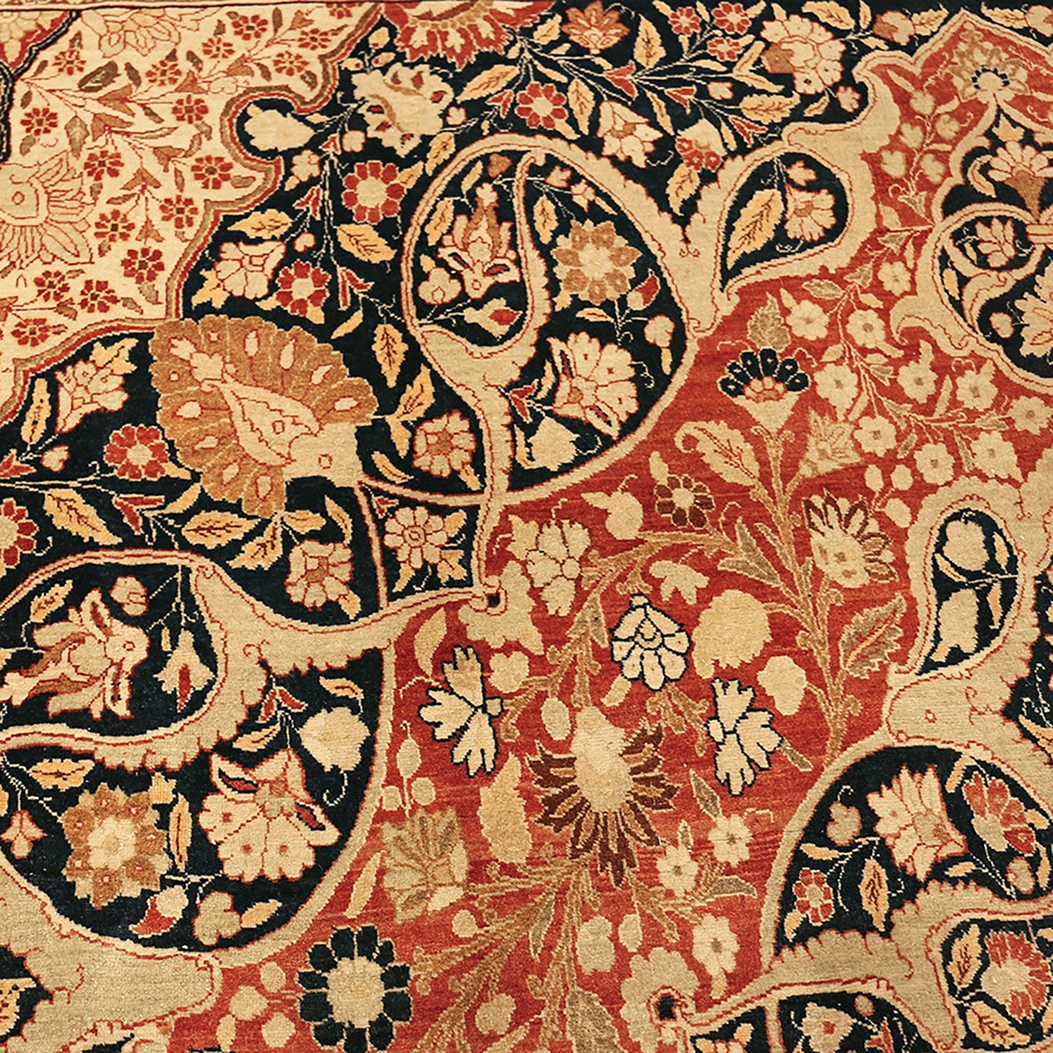 Intricately designed handwoven rug features detailed floral and botanical elements.