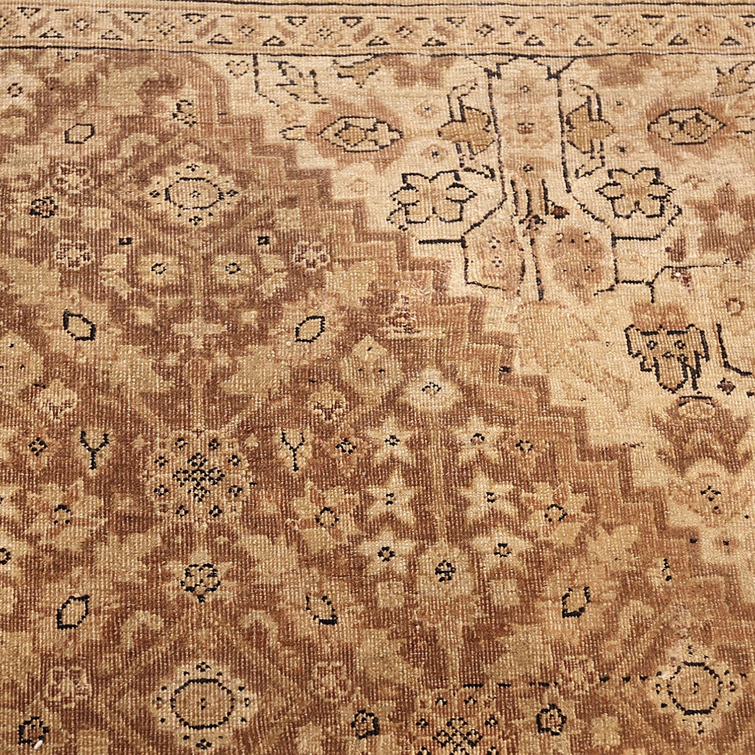 An intricately patterned, high-quality rug in warm shades of brown.