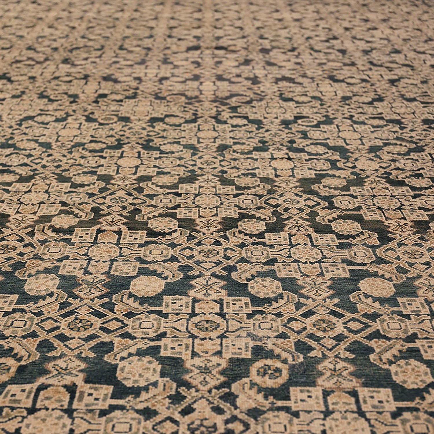 Close-up of a meticulously crafted, patterned carpet exuding elegance and luxury.