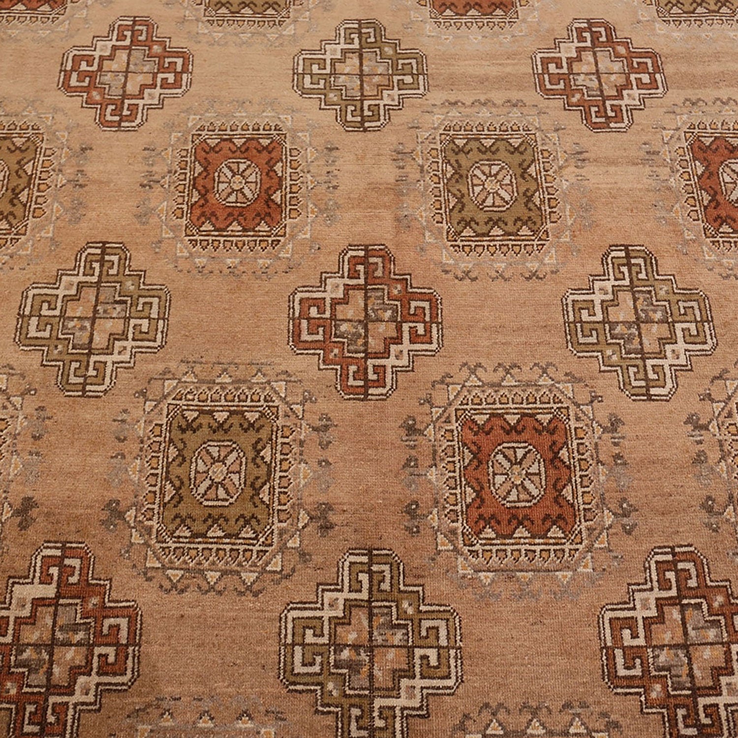Intricately woven oriental-style rug showcases geometric patterns in earthy tones.