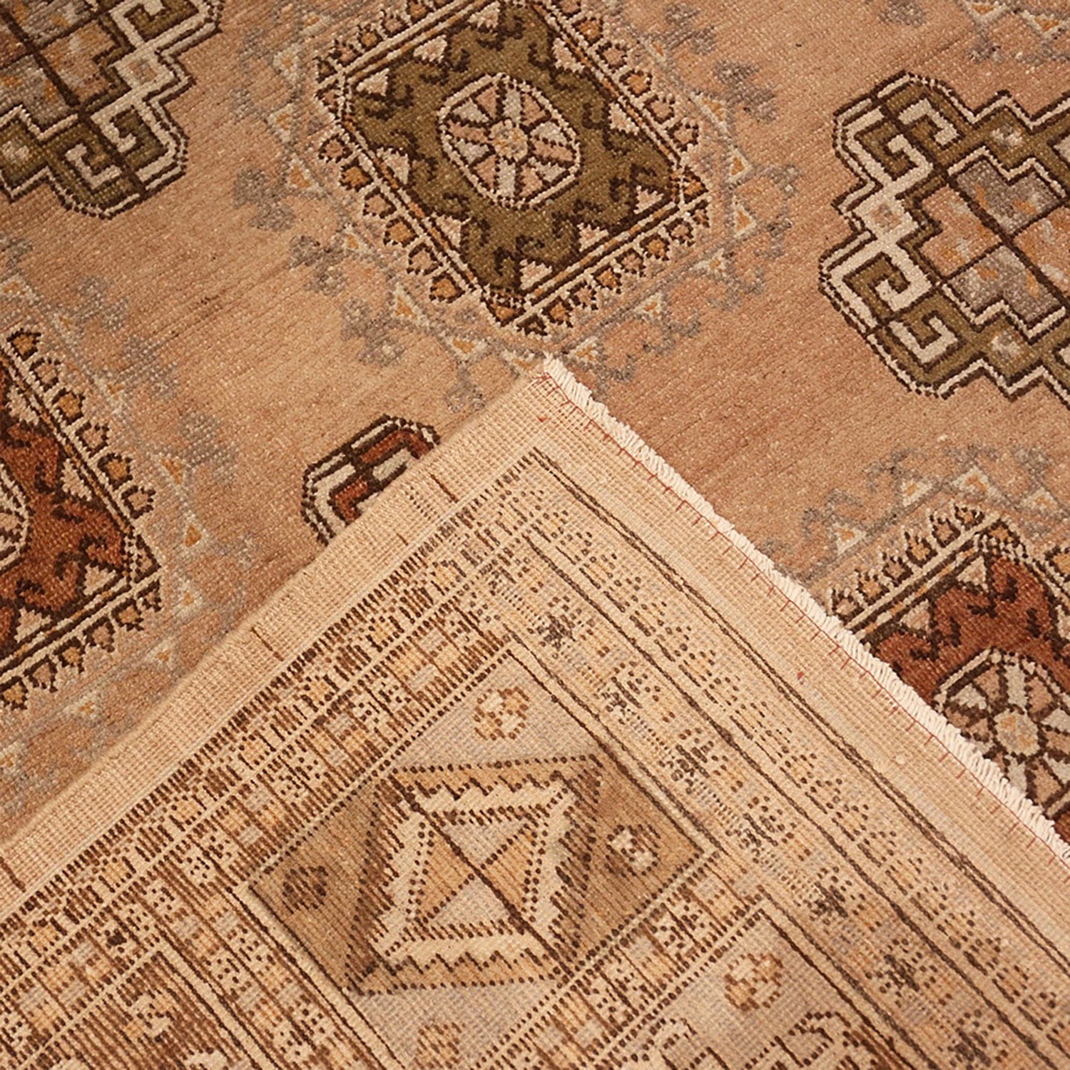 Intricate oriental rug with geometric motifs and warm earth tones.